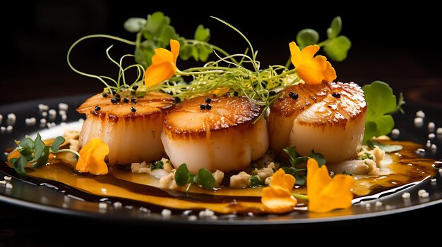 plate of seared scallops with a golden crust