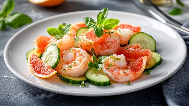 Photo a plate of shrimp cucumber and cucumber is on a table