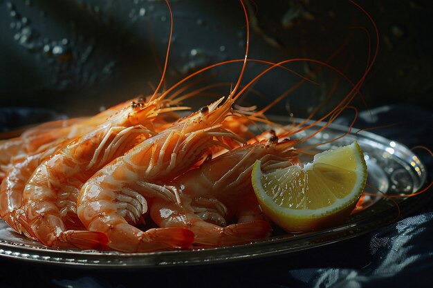 a plate of shrimp and lemon