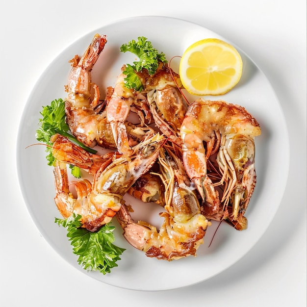 a plate of shrimp and parsley is on a table