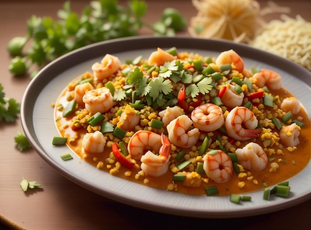 a plate of shrimp and rice with a spoonful of parsley