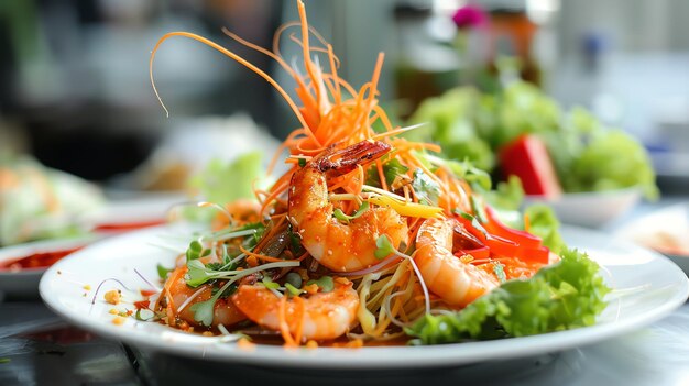 A plate of shrimp salad with a bed of fresh greens carrots and a spicy sauce