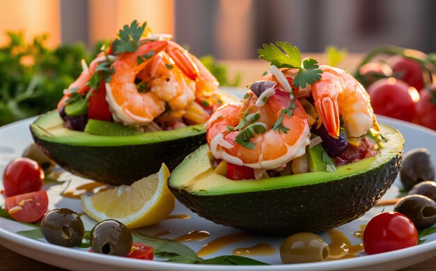 a plate of shrimp shrimp and avocado on a table