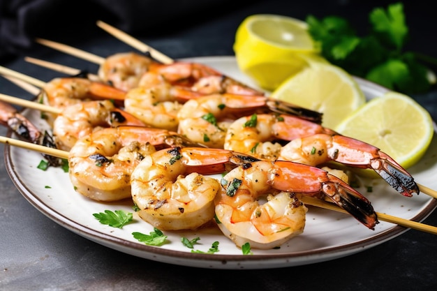 A plate of shrimp skewers with lemon wedges on the side.