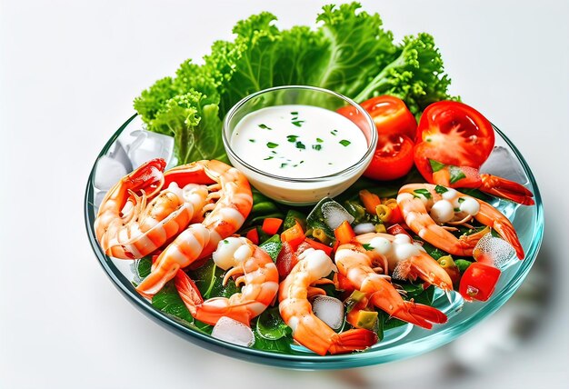 Photo a plate of shrimp and vegetables is placed on a glass plate with ice and a white bowl of sauce