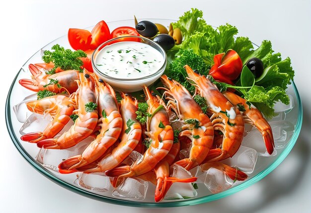 A plate of shrimp and vegetables is placed on a glass plate with ice and a white bowl of sauce