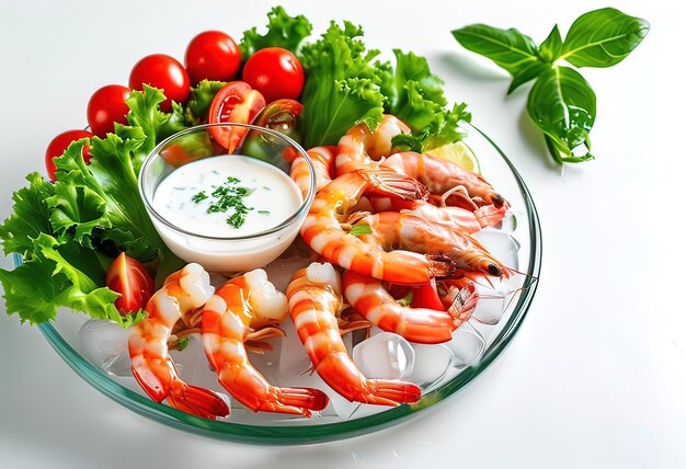 A plate of shrimp and vegetables is placed on a glass plate with ice and a white bowl of sauce