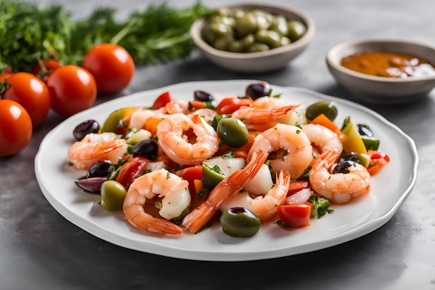 Photo a plate of shrimp and vegetables is sitting on a glass plate with ice and a white bowl of sauce the