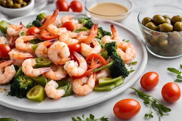 A plate of shrimp and vegetables is sitting on a glass plate with ice and a white bowl of sauce The