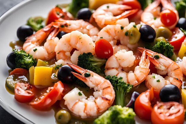 Photo a plate of shrimp and vegetables is sitting on a glass plate with ice and a white bowl of sauce the