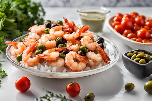 Photo a plate of shrimp and vegetables is sitting on a glass plate with ice and a white bowl of sauce the