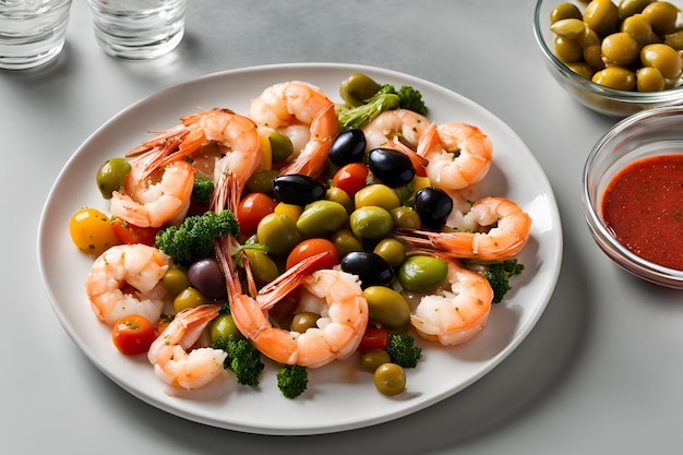 A plate of shrimp and vegetables is sitting on a glass plate with ice and a white bowl of sauce The