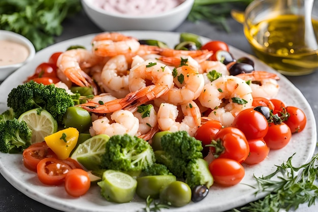 A plate of shrimp and vegetables is sitting on a glass plate with ice and a white bowl of sauce The