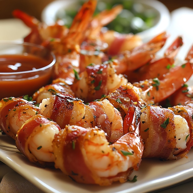 a plate of shrimp with a dipping sauce and a cup of ketchup