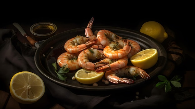 A plate of shrimp with lemons and parsley on the side