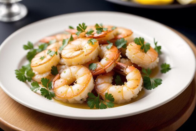 A plate of shrimp with parsley on top