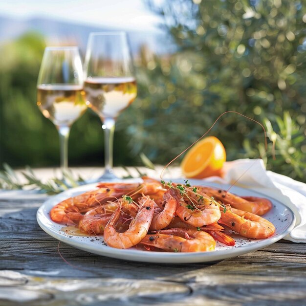 plate of shrimps and a glass of wine