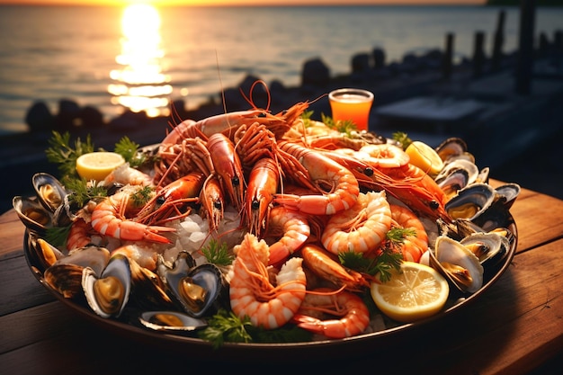 a plate of shrimps and shrimp with a glass of beer