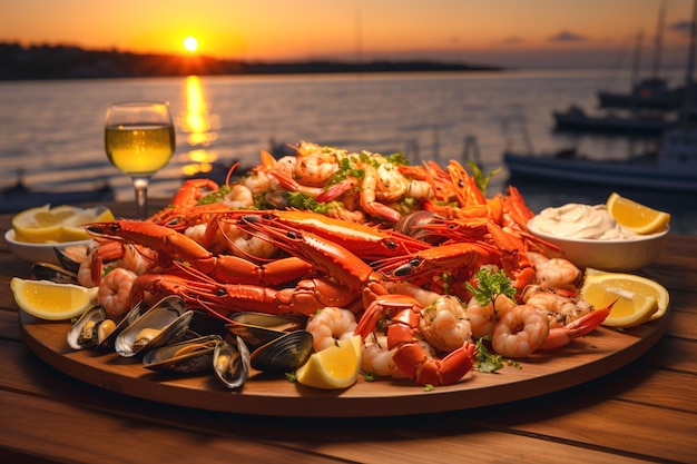 a plate of shrimps and shrimp with a glass of wine on a table