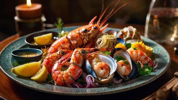 Photo a plate of shrimps and shrimp with a lemon wedge on the side