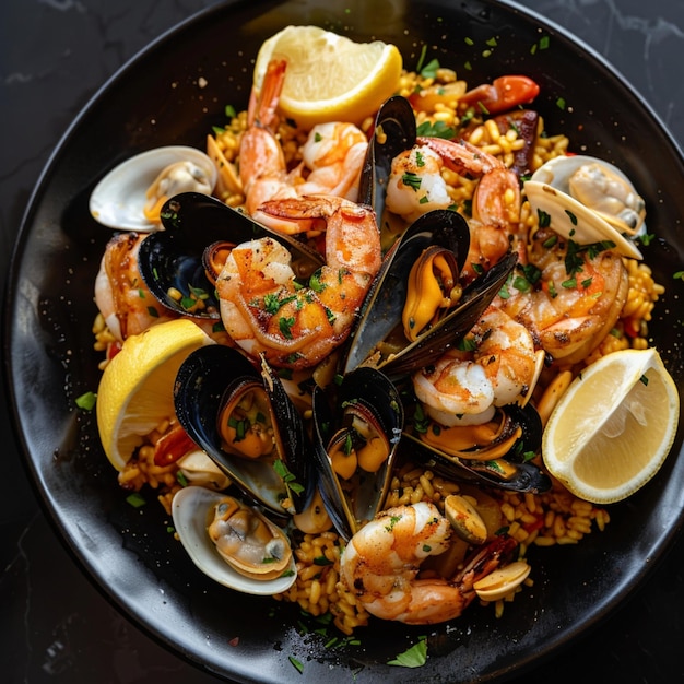 a plate of shrimps and shrimp with shrimp and lemon wedges