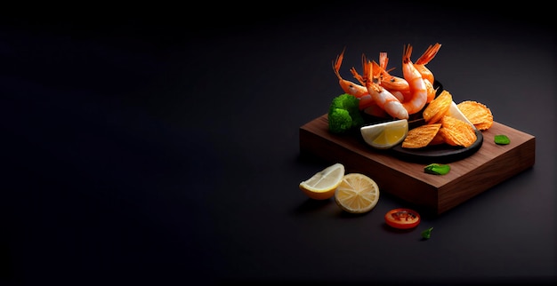 A plate of shrimps and vegetables on a black background