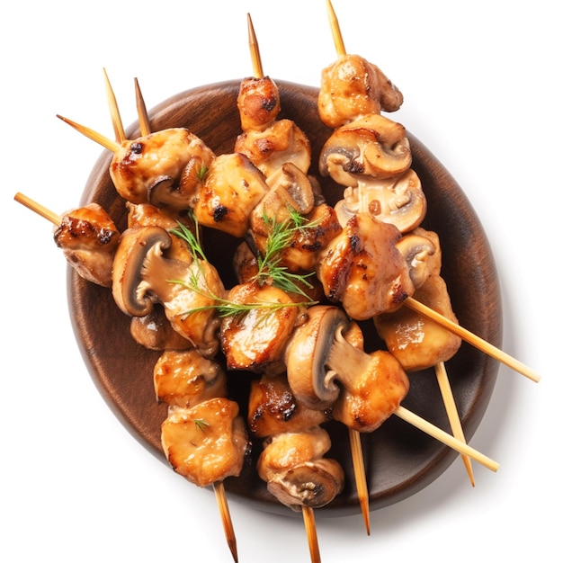 A plate of skewers with mushrooms and dill on them