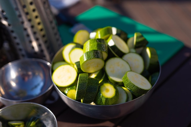 a plate of sliced green zucchini on the table