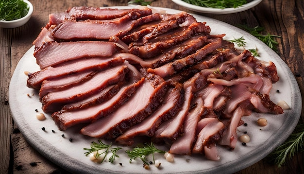 a plate of sliced meat with a green garnish on the top