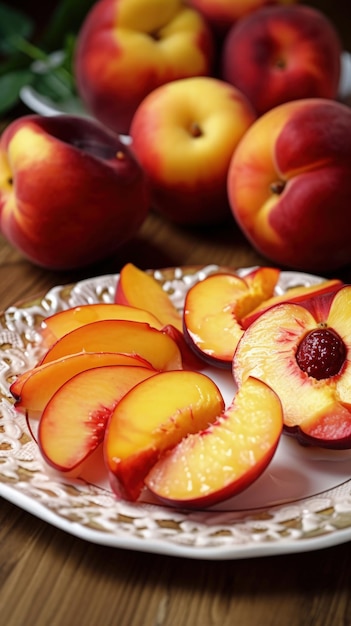 A plate of sliced peaches on a table generative AI