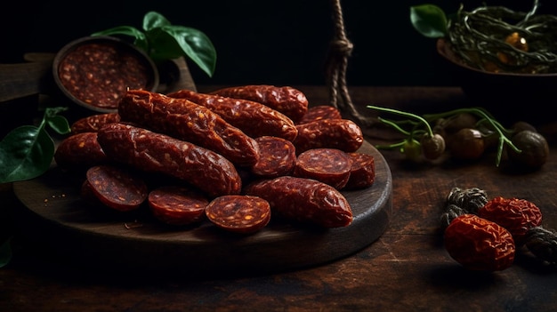 A plate of smoked sausages on a wooden table