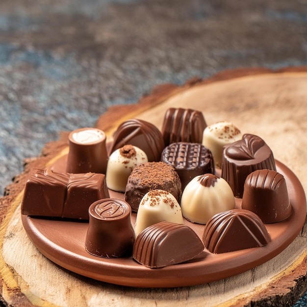 Photo a plate of solid chocolate and candy on world earth day