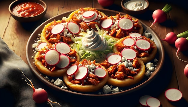 A plate of sopes topped with shredded meat sour cream cheese lettuce and a slice of radish