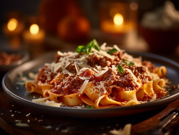 Plate of spaghetti bolognese with a sauce on top