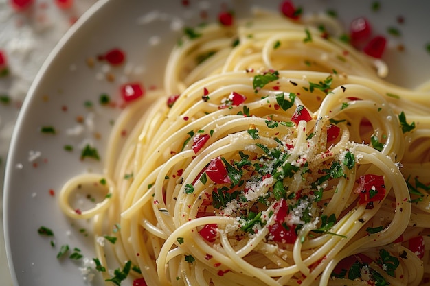 Plate of spaghetti garnished with fresh basil tomato and grated cheese