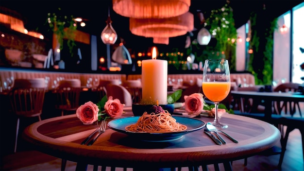 a plate of spaghetti and glasses of juice and a candle