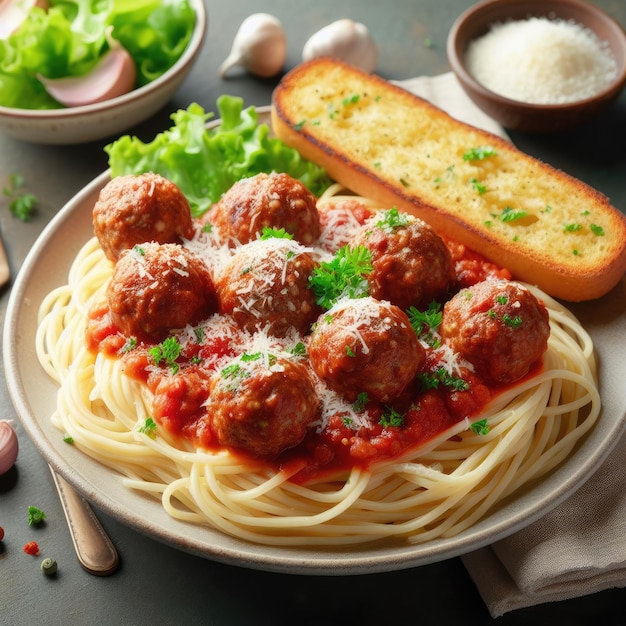 A plate of spaghetti and meatballs with a rich tomato sauce