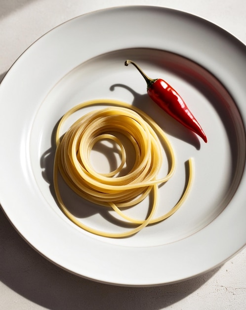 a plate of spaghetti and a pepper on a table