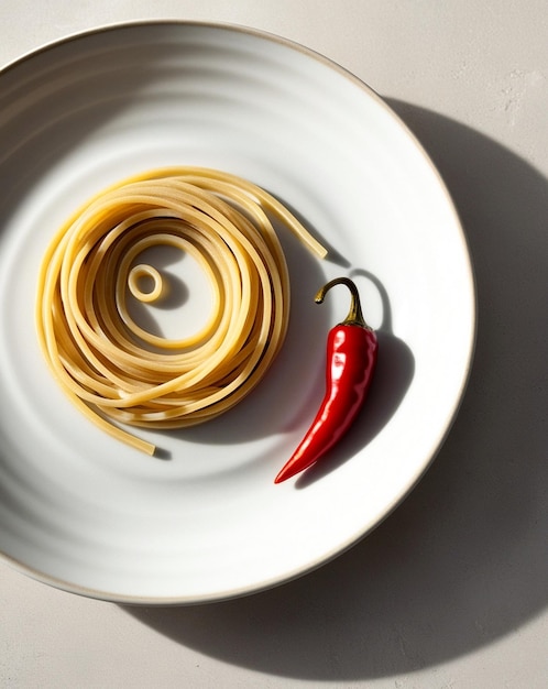 a plate of spaghetti and a pepper on a table