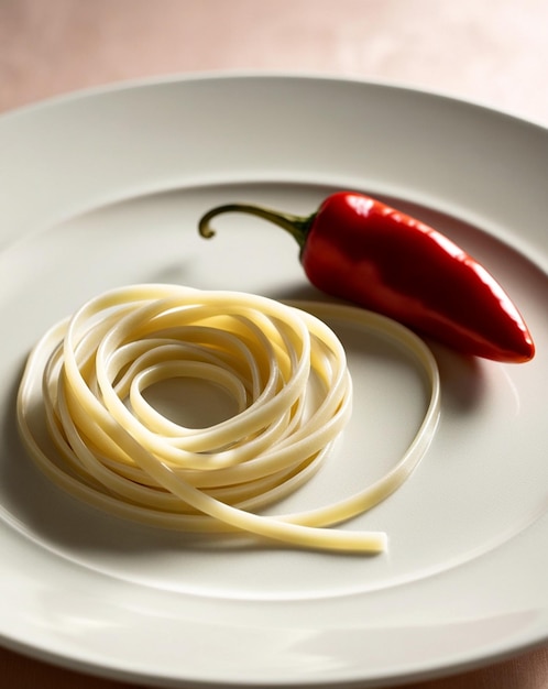 a plate of spaghetti and a red pepper on a table