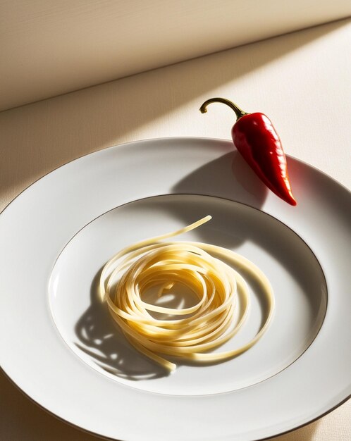 a plate of spaghetti and a red pepper on a table