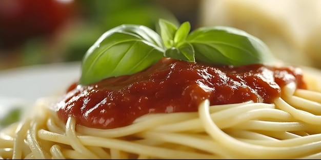 Photo plate of spaghetti served with marinara sauce