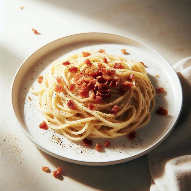 a plate of spaghetti with bacon and bacon on it