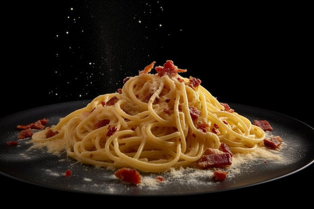 A plate of spaghetti with bacon on it