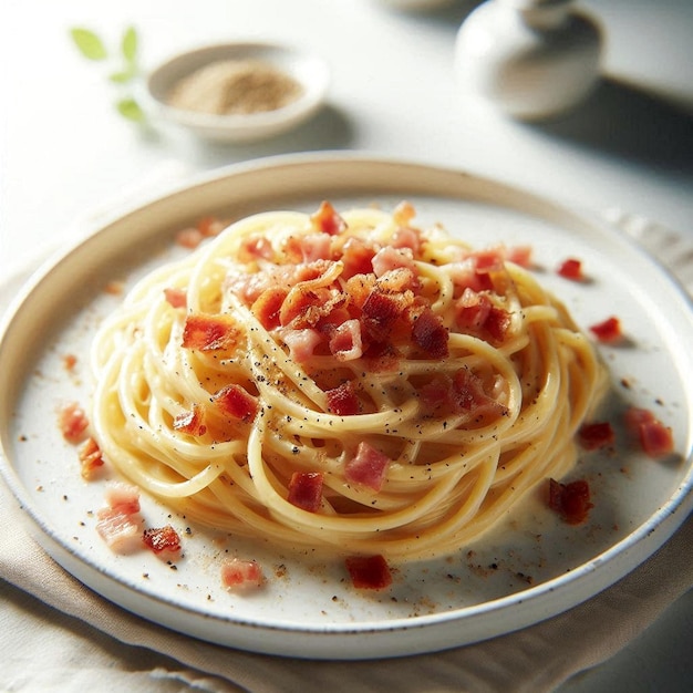 a plate of spaghetti with bacon and sauce on it