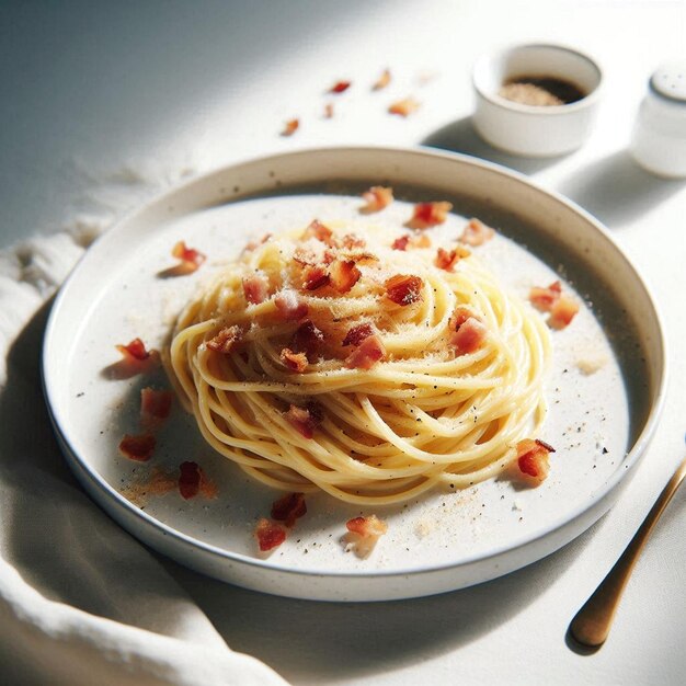 a plate of spaghetti with bacon and sauce on it