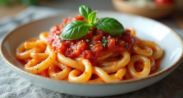 Photo a plate of spaghetti with basil on it and a tomato sauce on it