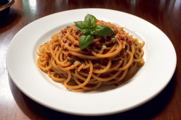 A plate of spaghetti with a basil leaf on top.