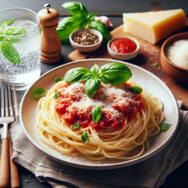 a plate of spaghetti with basil leaves and a glass of water