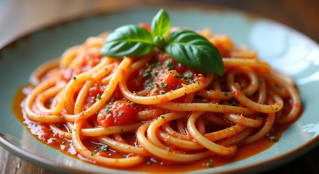 a plate of spaghetti with basil leaves and a tomato sauce